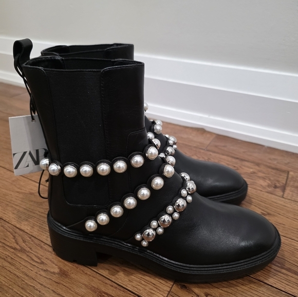 Zara Pearl Strap Black Leather Chelsea Boots Blogger Fav 38 - Picture 6 of 16